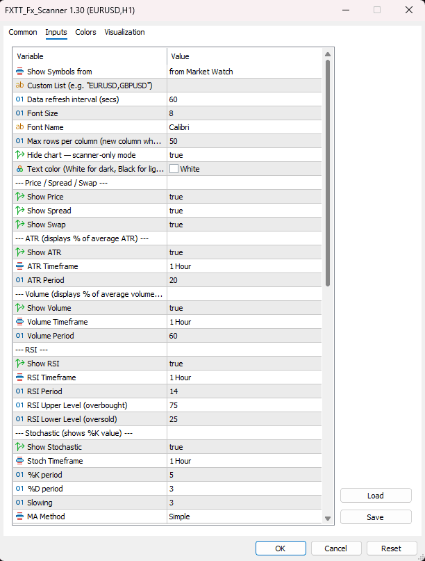 MT5 Forex Scanner settings panel