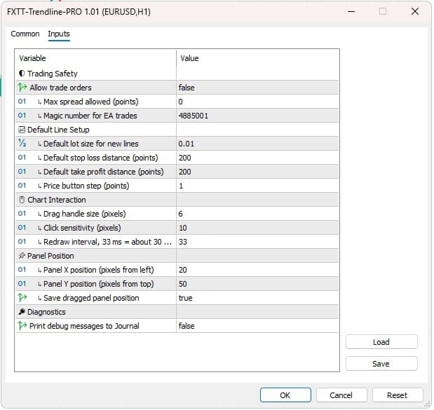 Trendline PRO MT5 settings window with all available options