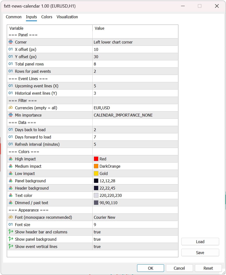 News Calendar MT5 settings panel
