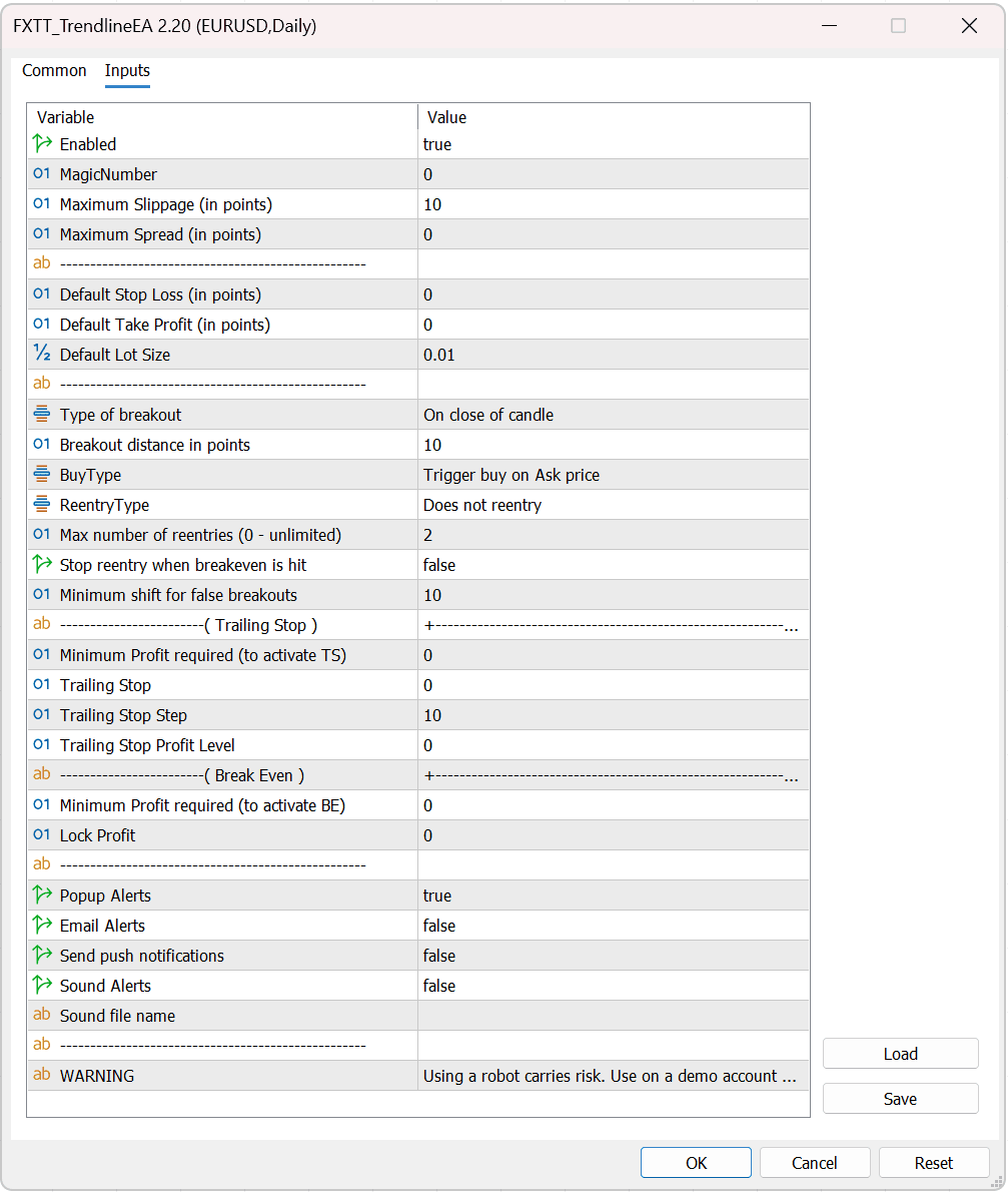 Trendline EA MT5 settings